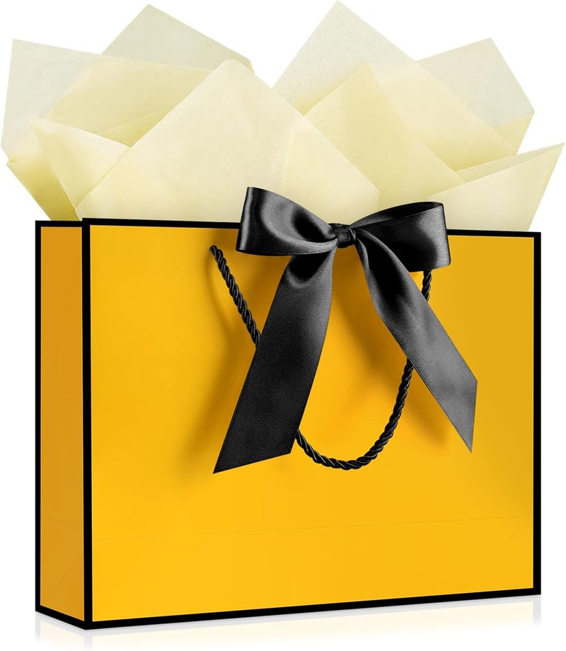 JMANNI 1PCS Large Gift Bag with Ribbon and 1 Greeting Card 2 Tissue Papers, Portable Paper Gift Bag with Handles, Birthday Present Bags for Wedding Party,Mothers Day12.6" x 9.8" x 3.9"(Yellow-Black - Image 2